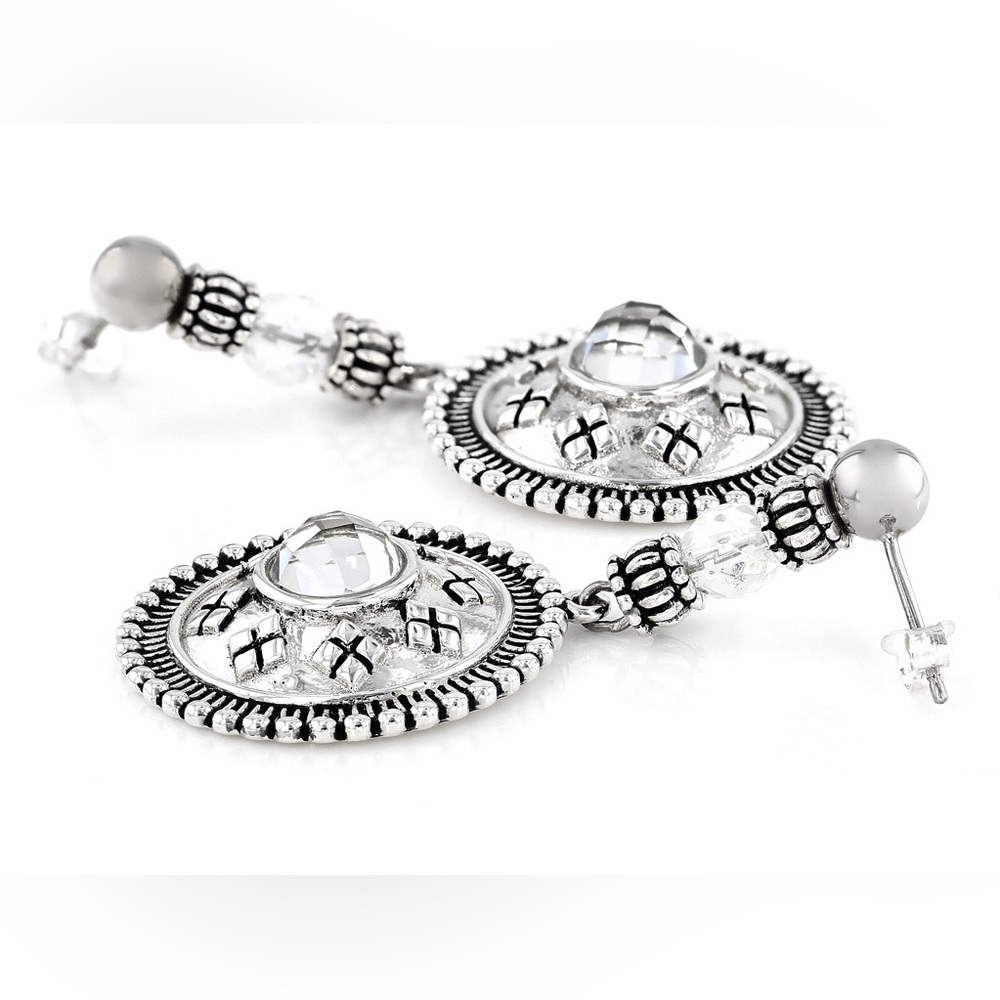 Sterling Silver Faceted Clear Crystal Quartz Circular Dangle Earrings